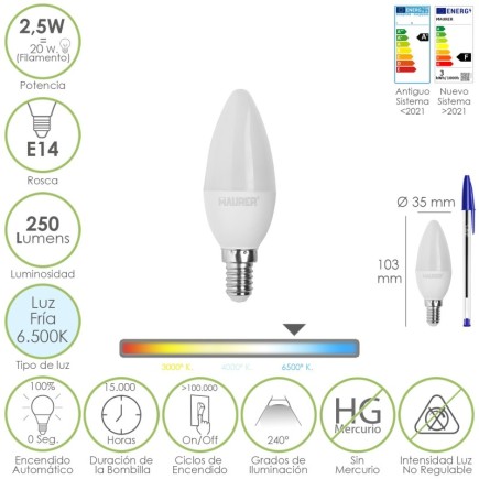 Bombilla Led Vela E14, 2,5 Watt, Equivale A 20 Watt, 250 Lumenes, Luz Fria 6500º K,