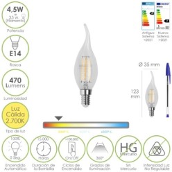 Bombilla Led Filamento Vela Llama E14, 4,5 Watt, Equivale A 35 Watt, 470 Lumenes, Luz Calida 2700º K,