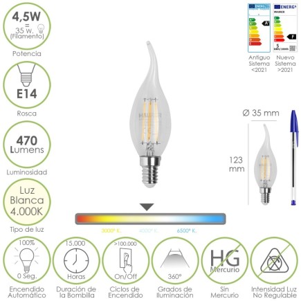 Bombilla Led Filamento Vela Llama E14, 4,5 Watt, Equivale A 35 Watt, 470 Lumenes, Luz Neutra 4000º K,