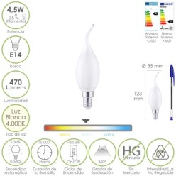 Bombilla Led Filamento Vela Llama Esmerilada E14, 4,5 Watt, Equivale A 35 Watt, 470 Lumenes, Luz Neutra 4000º K,
