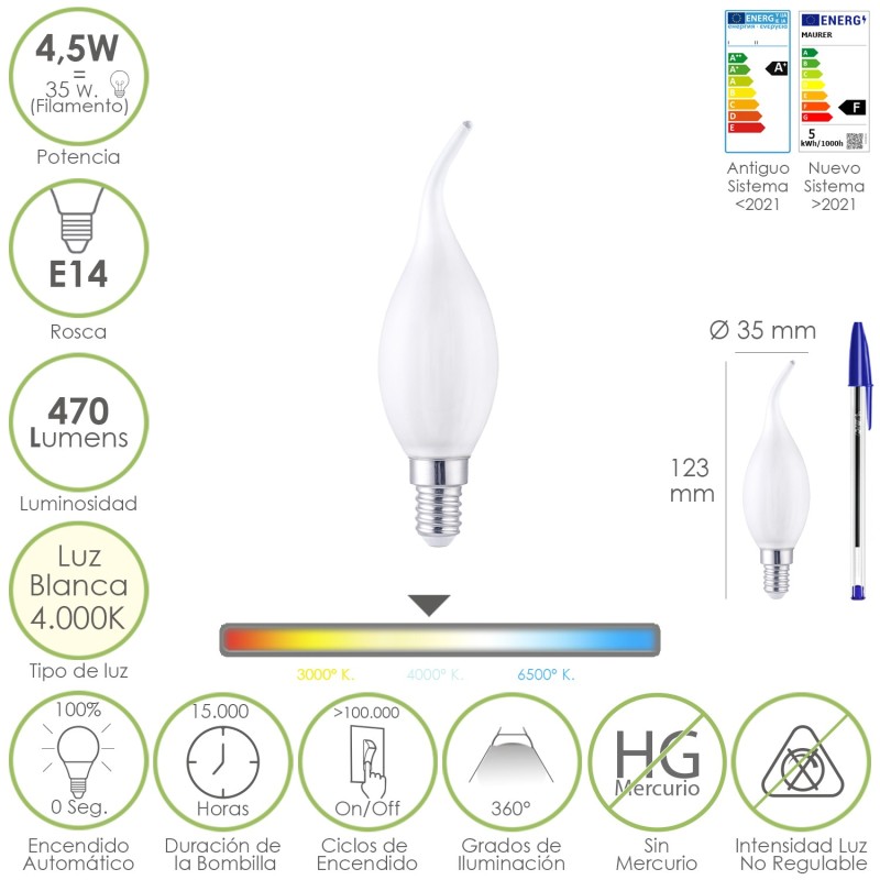Bombilla Led Filamento Vela Llama Esmerilada E14, 4,5 Watt, Equivale A 35 Watt, 470 Lumenes, Luz Neutra 4000º K,