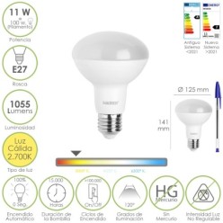 Bombilla Led Reflectante E27, 11 Watt, Equivale A 100 Watt, 1055 Lumenes, Luz Calida 2700º K,