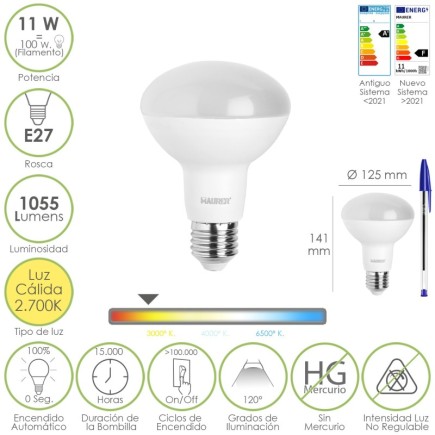 Bombilla Led Reflectante E27, 11 Watt, Equivale A 100 Watt, 1055 Lumenes, Luz Calida 2700º K,