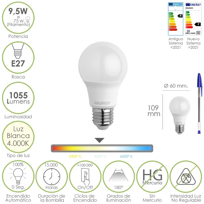Bombilla Led Estandar Rosca E27, 9,5 Watt, Equivale A 75 Watt, 1055 Lumenes, Luz Neutra (4000º K,)