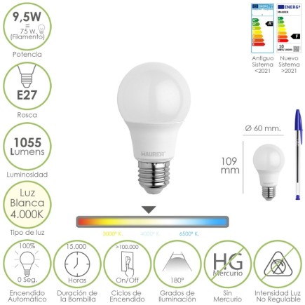 Bombilla Led Estandar Rosca E27, 9,5 Watt, Equivale A 75 Watt, 1055 Lumenes, Luz Neutra (4000º K,)