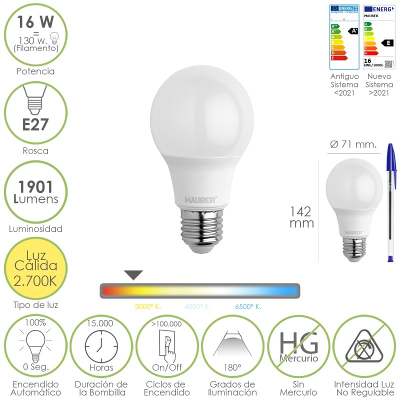 Bombilla Led Estandar Rosca E27, 16 Watt, Equivale A 130 Watt, 1901 Lumenes, Luz Calida 2,700º K,