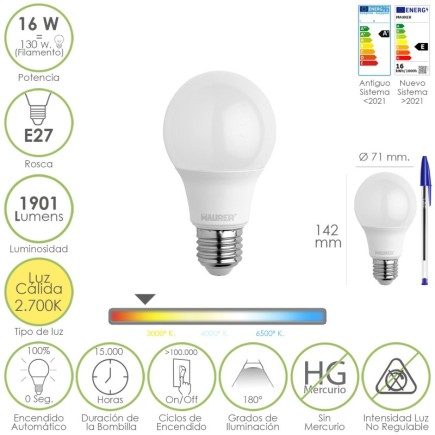 Bombilla Led Estandar Rosca E27, 16 Watt, Equivale A 130 Watt, 1901 Lumenes, Luz Calida 2,700º K,