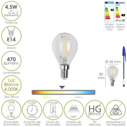 Bombilla Led Filamento Esfera Rosca E14, 4,5 Watt, Equivale A 35 Watt, 470 Lumenes, Luz Neutra 4000º K,