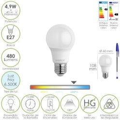 Bombilla Led Estandar Rosca E27, 4,9 Watt, Equivale A 40 Watt, 480 Lumenes, Luz Fria (6500º K,)