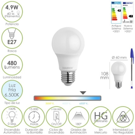 Bombilla Led Estandar Rosca E27, 4,9 Watt, Equivale A 40 Watt, 480 Lumenes, Luz Fria (6500º K,)