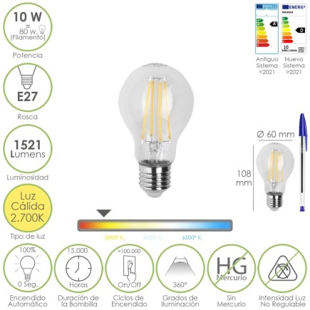 Bombilla Led Filamento Standar Rosca E27, 10 Watt, Equivale A 80 Watt, 1521 Lumenes, Luz Calida 2700º K,