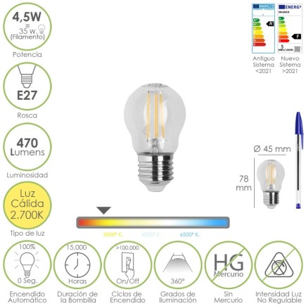 Bombilla Led Filamento Esfera Rosca E27, 4,5 Watt, Equivale A 35 Watt, 470 Lumenes, Luz Calida 2700º K,