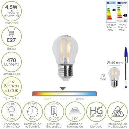Bombilla Led Filamento Esfera Rosca E27, 4,5 Watt, Equivale A 35 Watt, 470 Lumenes, Luz Neutra 4000º K,