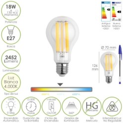 Bombilla Led Filamento Standar Rosca E27, 18 Watt, Equivale A 130 Watt, 2462 Lumenes, Luz Neutra 4000º K,