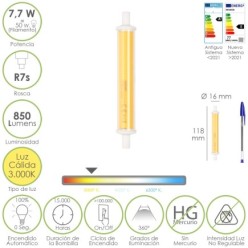 Bombilla Led Para Focos Rosca R7S, 7,7 Watt, Equivale a 50 Watt, 850 Lumenes, Luz Cálida (3000º K,)