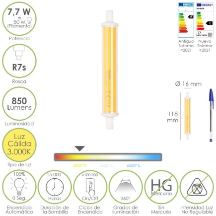 Bombilla Led Para Focos Rosca R7S, 7,7 Watt, Equivale a 50 Watt, 850 Lumenes, Luz Cálida (3000º K,)