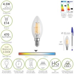 Bombilla Led Filamento Vela Rosca E14, 4,5 Watt, Equivale A 35 Watt, 470 Lumenes, Luz Neutra 4000º K,