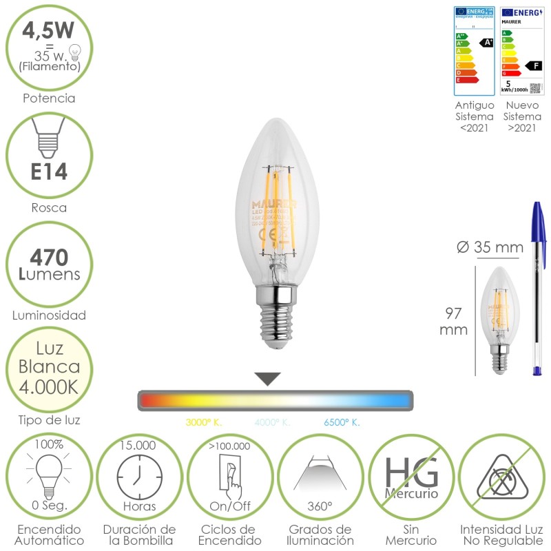 Bombilla Led Filamento Vela Rosca E14, 4,5 Watt, Equivale A 35 Watt, 470 Lumenes, Luz Neutra 4000º K,
