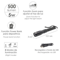 Linterna LED De Mano Con Bateria Recargable Con Función Powerbank ( 2,000 mAh) 500 Lumenes (5 Watt,) Con Función Zoom