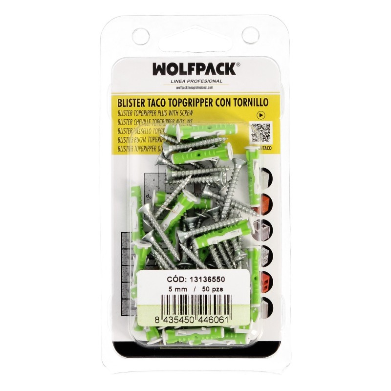 Blister Tacos Topgripper Bimaterial Con Tornillos Ø 5 mm, 50 Piezas Taco Anclaje Universal, Taco Hormigon, Taco Pladur,
