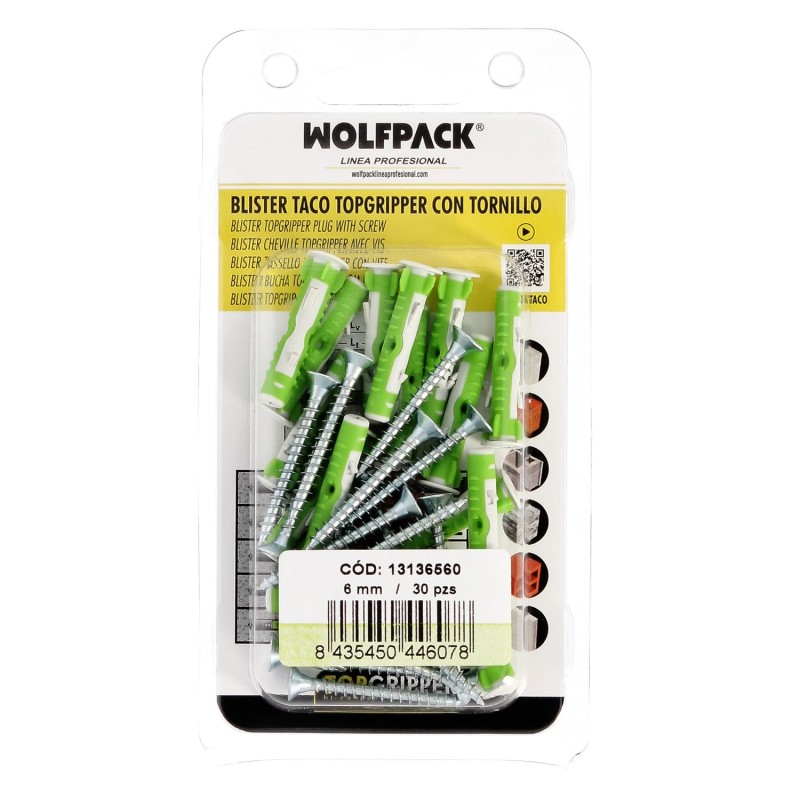 Blister Tacos Topgripper Bimaterial Con Tornillos Ø 6 mm, 30 Piezas Taco Anclaje Universal, Taco Hormigon, Taco Pladur