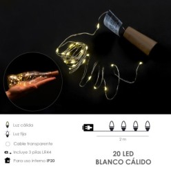 Luces Navidad Guirnalda Led con Tapon 20 Microled Blanco Calido IP20, A Pilas 3 LR44 (Si Incluidas)