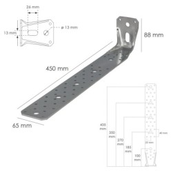 Soporte Para Madera Con Angulo Reforzado 65x88x450 mm, Conector Angular, Escuadra Fijación, Zapata Madera Soporte Pergola Madera