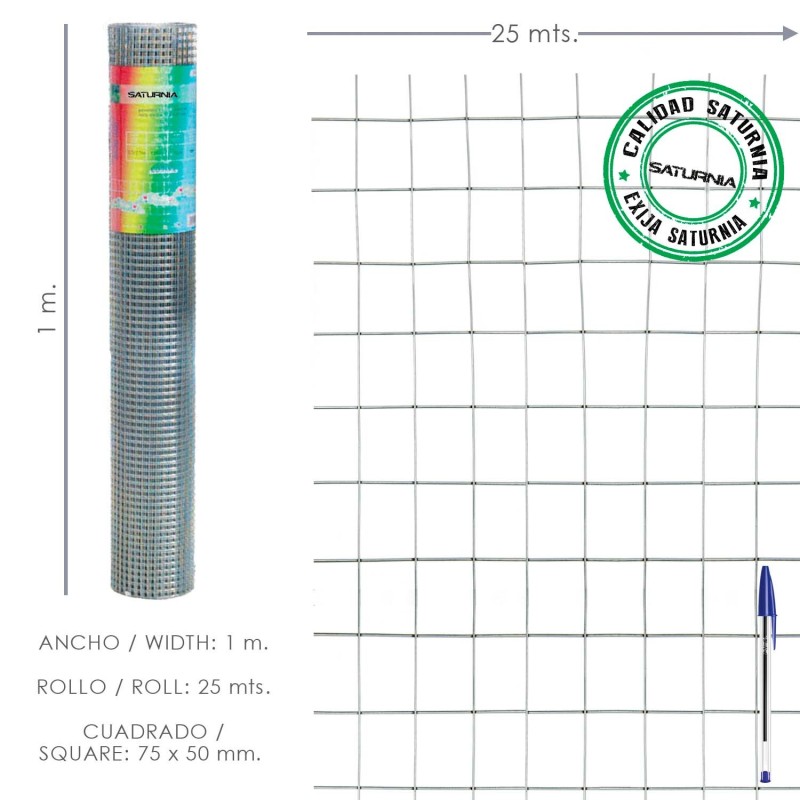 Malla Electrosoldada Galvanizada 75x50 / 1,80 / 100 cm, GA Rollo 25 metros