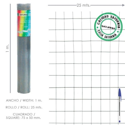 Malla Electrosoldada Galvanizada 75x50 / 1,80 / 100 cm, GA Rollo 25 metros