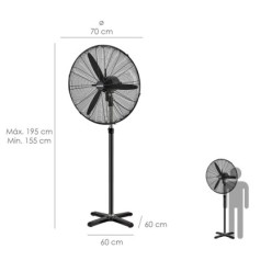 Ventilador Pie Ø 70 x195 cm, Negro 190 W, Oscilación Automatica, Altura Regulable, Cabezal Inclinable, Base Estable 60x60 cm,