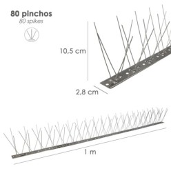 Pincho Anti Palomas / Pajaros 1 Metro Inoxidable Pincho Doble 80 Pinchos, Adaptable a Varias Posiciones