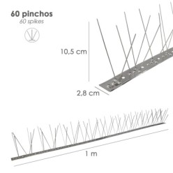 Pincho Anti Palomas / Pajaros 1 Metro Inoxidable Pincho Doble 60 Pinchos, Adaptable a Varias Posiciones