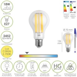 Bombilla Led Filamento Standar Rosca E27, 18 Watt, Equivale A 130 Watt, 2462 Lumenes, Luz Calida 2,700 º K,