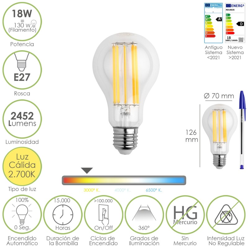 Bombilla Led Filamento Standar Rosca E27, 18 Watt, Equivale A 130 Watt, 2462 Lumenes, Luz Calida 2,700 º K,