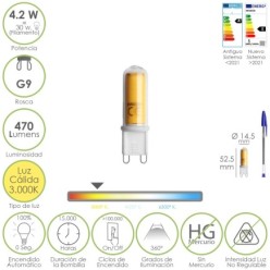 Bombilla Led Rosca G9, 4,2 Watt, Equivale A 15 Watt, 470 Lumenes, Luz Calida (3000º K,)