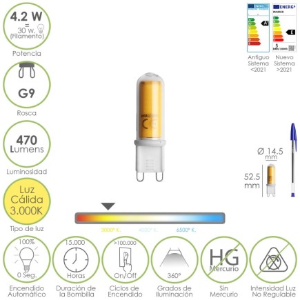 Bombilla Led Rosca G9, 4,2 Watt, Equivale A 15 Watt, 470 Lumenes, Luz Calida (3000º K,)
