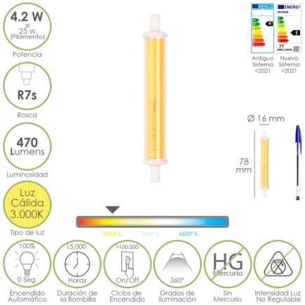 Bombilla Led Rosca R7s 4,2 Watt, Equivale A 25 Watt, 470 Lumenes, Luz Calida (3000º K,)
