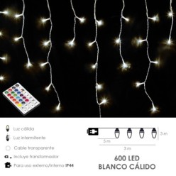 Guirnalda Luces Navidad Cortina x3 Metros 600 Leds Blanco Calido, Luz Navidad Interiores y Exteriores Ip44, Cable Transparente
