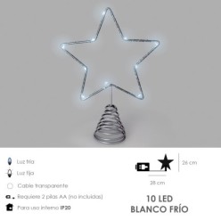 Guirnalda Adorno Luces Navidad Estrella Arbol Navidad Luz Blanco Frio, 10 Leds, Uso Interno Protección IP20, 2 Baterias AA