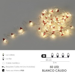 Guirnalda Luces Navidad A Pilas 50 Leds Papa Noel, Luz Calida Uso Interno IP20