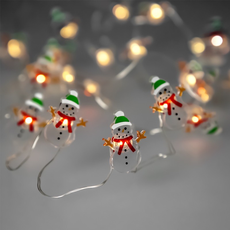 Guirnalda Luces Navidad A Pilas 20 Leds Muñecos de Nieve, Luz Calida Uso Interno IP20