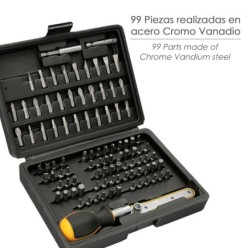 Juego Puntas con Destornillador 1/4" 99 Pzs, Con Apadtador, Cromo Vanadio, Kit Llave Combinada, Kit Carraca,