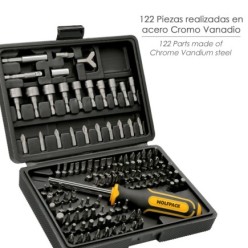 Juego Puntas con Destornillador 1/4" 122 Pzs, Con Apadtador, Cromo Vanadio, Kit Llave Combinada, Kit Carraca,
