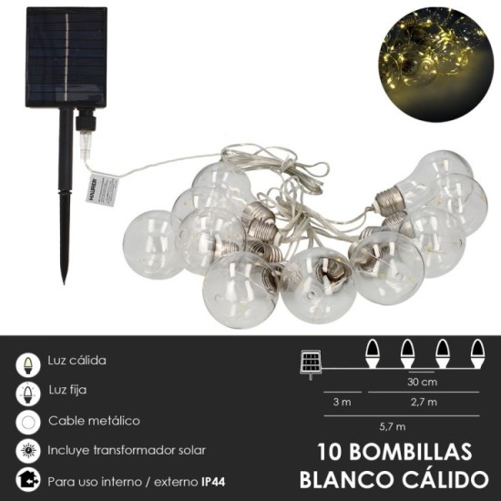 Guirnalda Solar 10 Bombillas / 50 Micro Leds Luz Calida, Bateria Recargable Uso en Exteriores / Interiores Ip44 al por Mayor | A