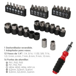 Juego Destornillador Carraca con 29 piezas, (12 vasos y 16 Puntas)