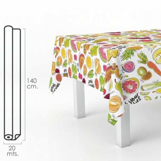 Mantel Hule Rectangular Frutas Fantasia, Impermeable Antimanchas PVC 140 cm, x 20 metros, Rollo Recortable, Interior y Exterior 