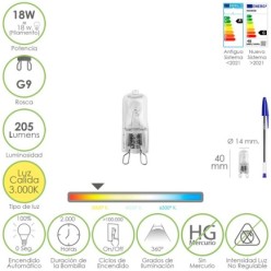 Bombilla Halogena G-9, 18 W, 205 lumenes, Luz cálida (3,000º K)
