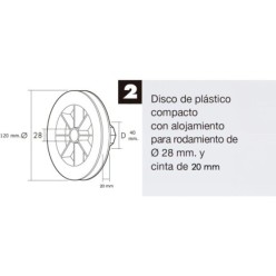 Disco Plastico Compacto Para Persianas, Rodamieto 120x40 mm, Para cintas hasta 20 mm,