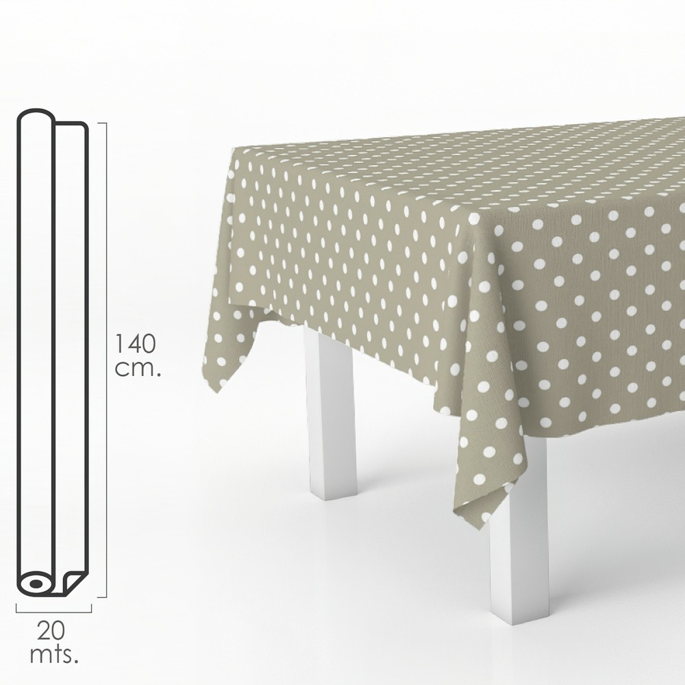 Mantel Hule Rectangular Topos Beige, Impermeable Antimanchas PVC 140 cm, x 20 metros, Rollo Recortable, Interior y Exterior al p