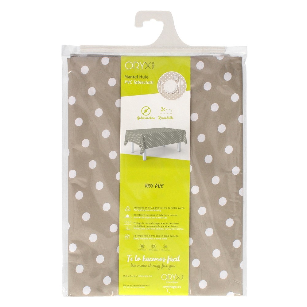 Mantel Hule Rectangular Topos Beige Impermeable Antimanchas PVC 140x250 cm,  Recortable Uso Interior y Exterior al por Mayor | A
